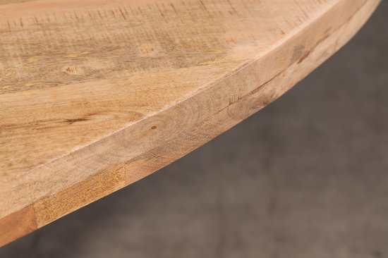 Table à manger Palermo avec plateau rond en bois de manguier finition naturelle d'un diamètre de 110 cm. et 1 pied rond noir sur une plaque de base ronde extra robuste.