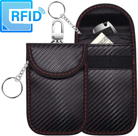 Rfid auto keyless beschermhoes autosleutel - Zwart - Carbon - 2 stuks - anti diefstal - keyless entry - anti diefstal - met haak - autosleuteltasje - sleuteltasje - veiligheid - car security - antidiefstal - anti skim - etui - antiskim - blocker