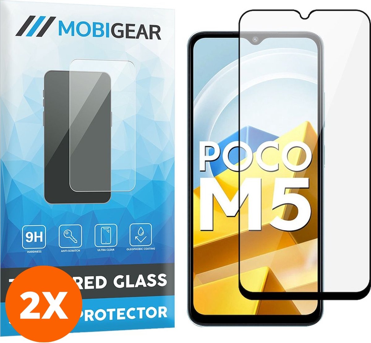 Mobigear Screenprotector geschikt voor POCO M5 Glazen | Mobigear Premium Screenprotector - Case Friendly - Zwart (2-Pack)