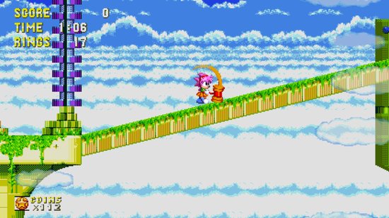 Amy Rose in het roze op een groen platform, met blauwe luchten en wolken op de achtergrond.