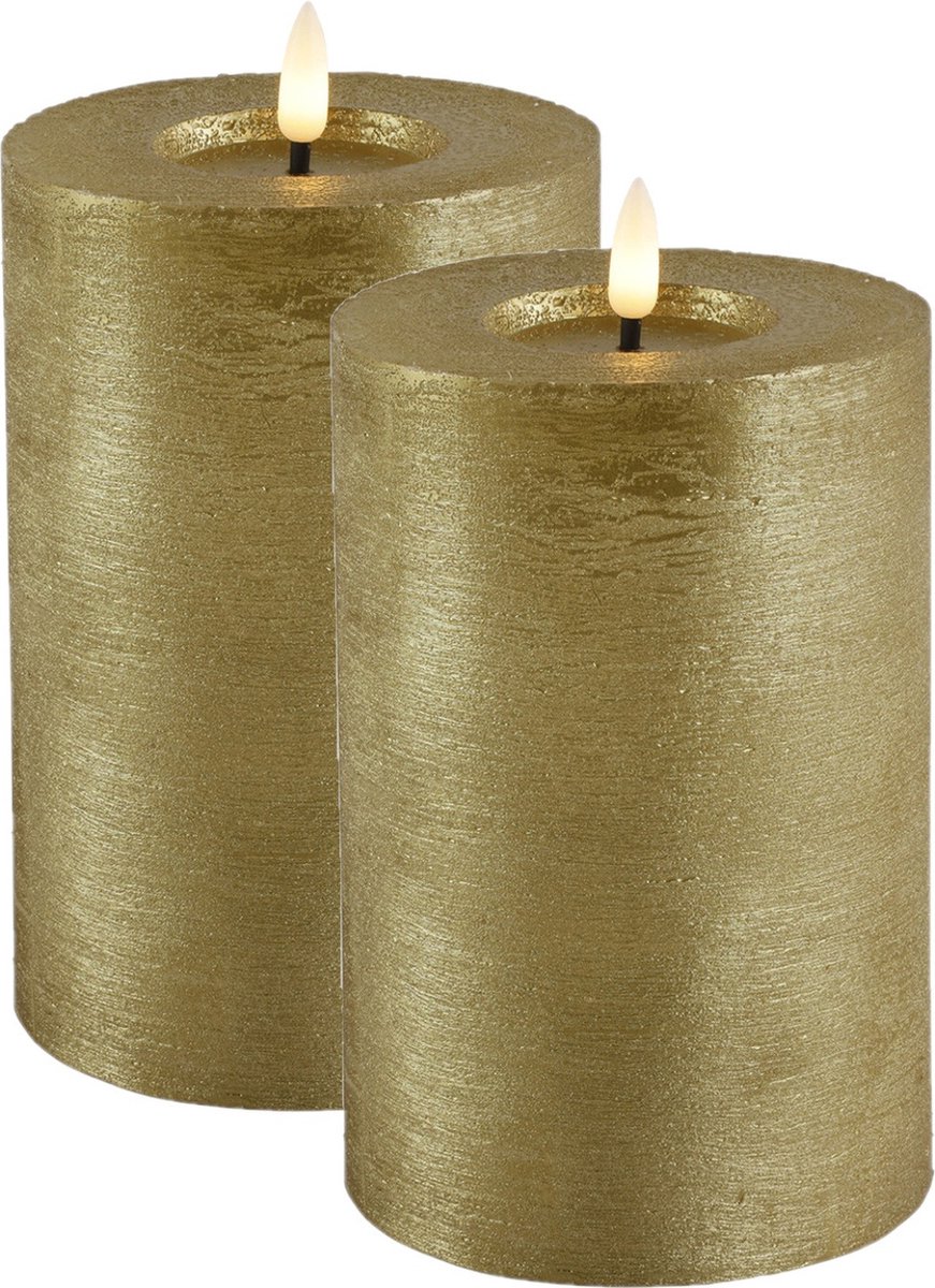 Countryfield Lyon LED kaarsen/stompkaarsen - 2x - goud - D10 x H15 cm - timer Goudkleurig