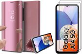 Hoesje geschikt voor Samsung Galaxy A14 - 2x Screen Protector GlassGuard - Book Case Spiegel Roségoud & Screenprotector