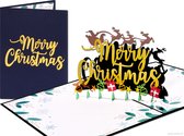 Popcards popupkaarten – Kerstkaart Merry Christmas met Cadeautjes en Kerstman in arreslee met rendieren pop-up kaart 3D wenskaart