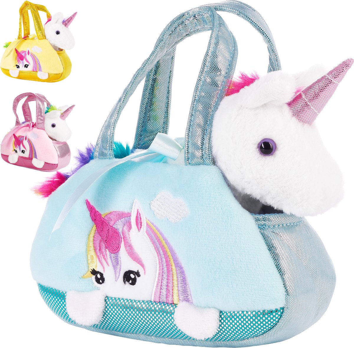 BRUBAKER Regenboog Pluche Eenhoorn 21 cm - Wit - Knuffeldier super zacht - Speelgoed Knuffeldier - Cadeau - in Mintblauw tasje