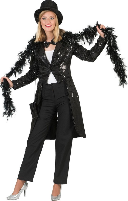 Pierros - Glitter & Glamour Kostuum - Zwarte Frackjas Anne - Vrouw - Zwart - Maat 36-38 - Carnavalskleding - Verkleedkleding