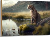 Hout - Cheetah op Rots langs Rivier door Natuurgebied - 100x75 cm - 9 mm dik - Foto op Hout (Met Ophangsysteem)