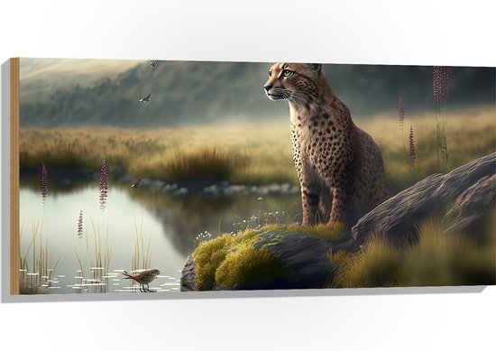 Hout - Cheetah op Rots langs Rivier door Natuurgebied - 100x50 cm - 9 mm dik - Foto op Hout (Met Ophangsysteem)