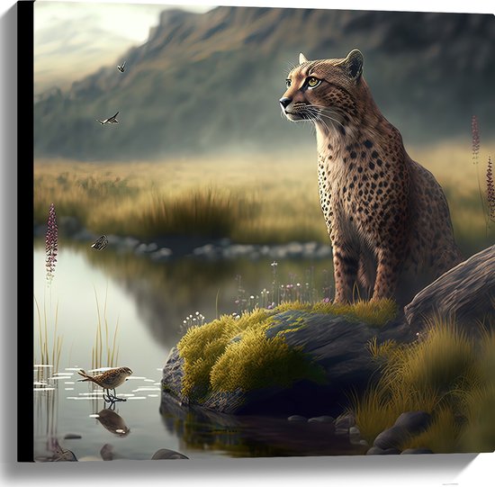 Canvas - Cheetah op Rots langs Rivier door Natuurgebied - 60x60 cm Foto op Canvas Schilderij (Wanddecoratie op Canvas)