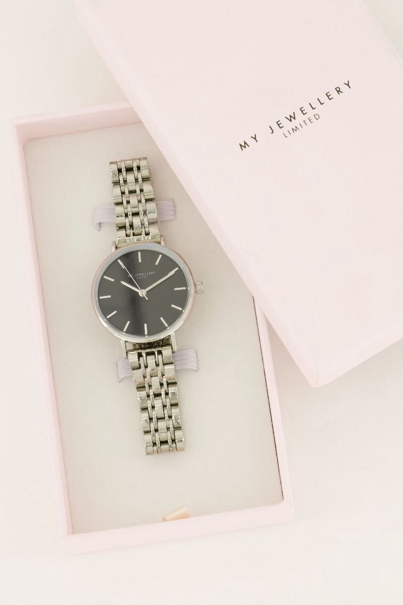 My Jewellery Horloge Zilver Rond Zwarte wijzerplaat Met