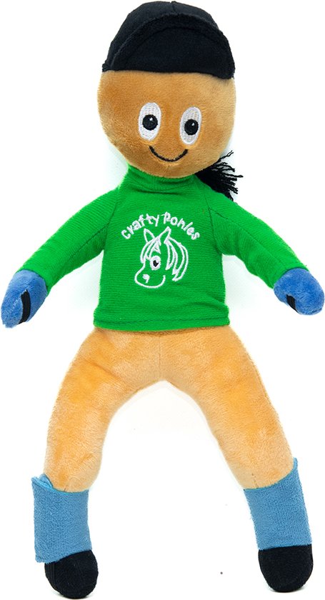Pluche ruiter met groene trui met paardenlogo, oranje broek en blauwe laarzen.