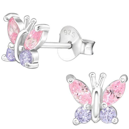 Joy|S - Zilveren vlinder oorbellen - 7 x 6 mm - zirkonia roze lila - oorknoppen