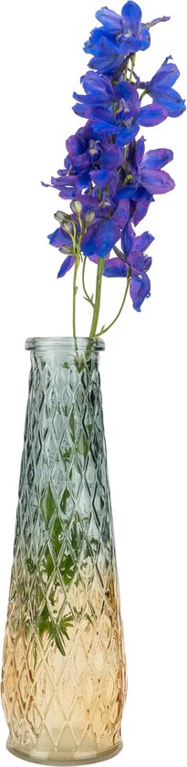 QUVIO Vaas voor droogbloemen - Vazen - Klassieke of landelijke bloemenvaas - Vaasje met touw - Woonaccessoires voor bloemen en boeketten - Decoratieve accessoires - Transparant - Glas - 6 x 22 cm (dxh) - Geel / Blauw