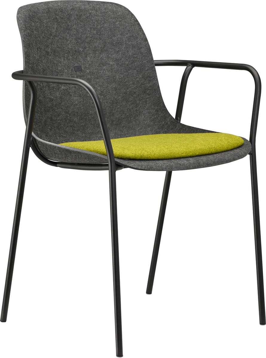 Felt Fine - PET Stoel Antraciet - Zwart Frame - 100% recycle plastic en staal - Zitting Groen - Met Armleggers (Fair Furniture Group – Nederlands Familiebedrijf)