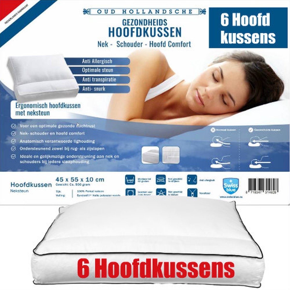 6x Nek hoofdkussen-swissblue- schouder hoofdkussen-ergonomisch hoofdkussen-hotel kussens- hostel kussens- B&B hoofdkussens- voor nekklachten-rugklachten-geschikt voor buikslaper-zijslaper-rugslaper-ademend-verkoelend-luxe hoofdkussen-maat:45-55-10