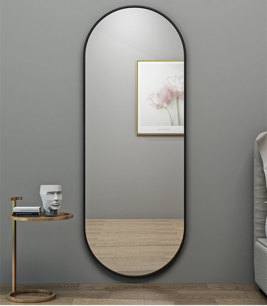 Luxaliving Passpiegel - Ovaal - Zwart - Metaal- Veiligheidsglas - Naadloos - Passpiegel 160x50cm - Wandspiegel met haken - Slaapkamerspiegel - Hangspiegel -