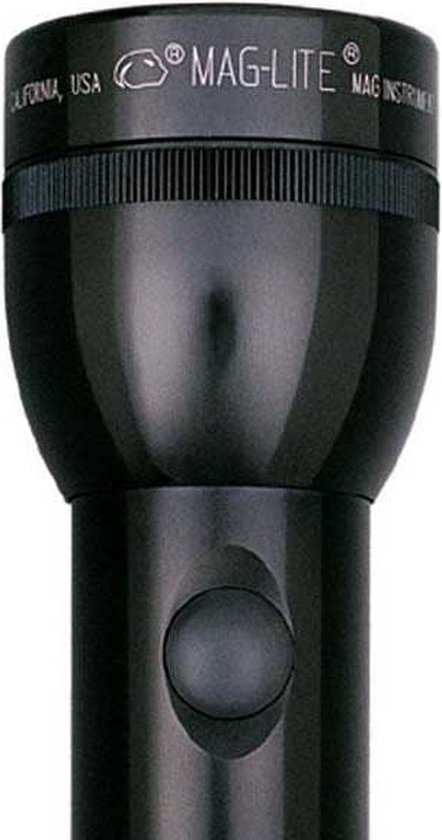 Close-up van de kop van een zwarte Maglite zaklamp met "MAG-LITE" logo.