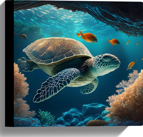 Canvas - Cartoon van Zeeschildpad Zwemmend in Grotten op Zeebodem - 30x30 cm Foto op Canvas Schilderij (Wanddecoratie op Canvas)