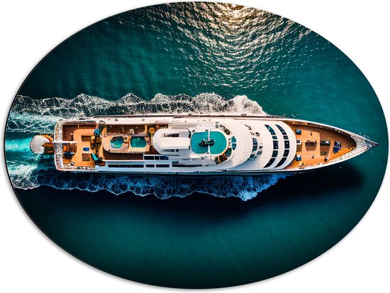 Dibond Ovaal - Bovenaanzicht van Varend Cruiseschip - 80x60 cm Foto op Ovaal (Met Ophangsysteem)