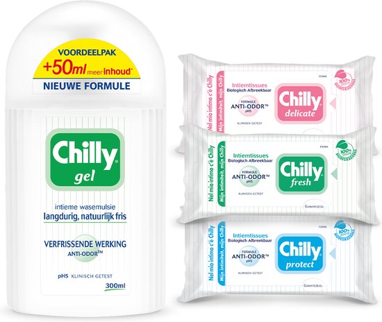 Chilly Intieme wasemulsie Gel - 3x intiemtissues Fresh, Delicate & Protect - voordeelverpakking