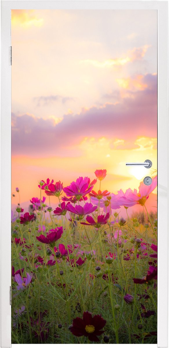 Sticker de porte Coucher de soleil - Fleurs - Rose - Nature - Vert - 75x205  cm 