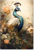 Muurdecoratie Pauw - Pauwenveren - Bloemen - Vogels - Botanisch - 120x180 cm - Tuinposter - Tuindoek - Buitenposter