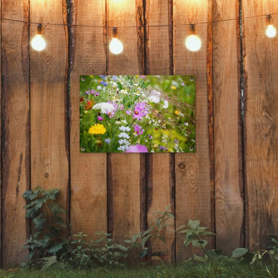 Affiche de jardin Fleurs - Nature - Vert - Herbe - Violet - Wit - 70x40 cm - Décoration murale Extérieur - Affiche de jardin - Toile de jardin - Affiche de clôture - Peinture de jardin