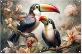 Tuinposter toekan - Tuindecoratie vogels - 120x80 cm - Wanddecoratie met bloemen voor buiten - Schutting decoratie jungle - Buitenposter - Schuttingdoek - Tuindoeken - Tuin doek - Balkon poster