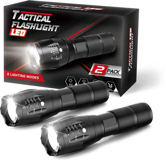 Militaire zaklamp - LED zaklamp - IP55 Waterdicht - Inzoombaar 2 stuks - Exclusief Batterijen