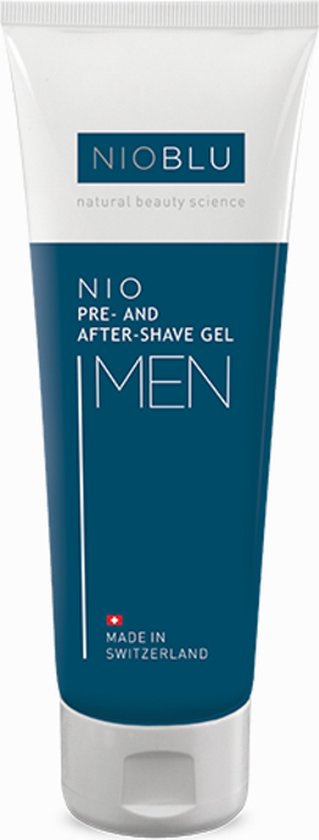 NIOBLU Men Pre- en After-Shave Gel in een blauwe tube met witte en grijze accenten.