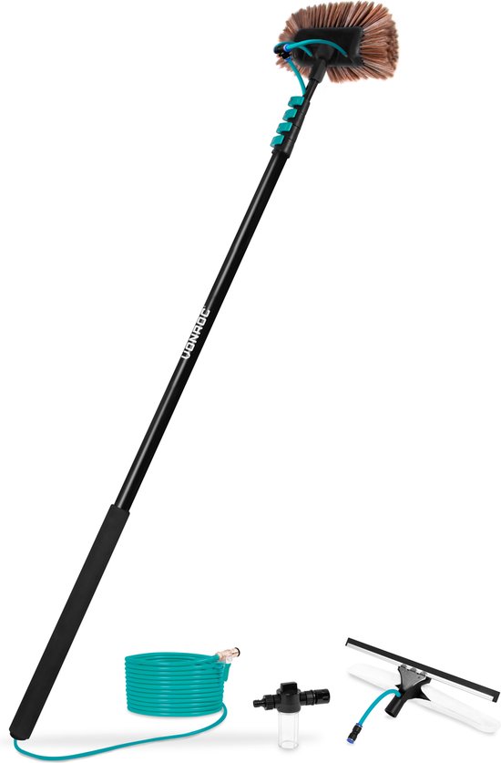 VONROC Telescopische wasborstel – 6,50m - Incl. Borstelkop, raamreiniger, waterslang en zeepdispenser