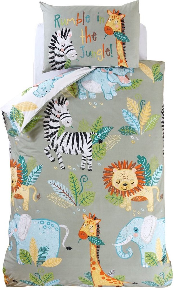 1-persoons kinder dekbedovertrek (dekbed hoes) pastel groen (grijs - groen) met wilde natuurdieren safari / jungle: giraffe, olifant, zebra, leeuw tussen planten en bladeren eenpersoons 140 x 200 cm (beddengoed jongens & meisjes slaapkamer)