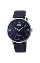 Q&Q Q56B-005PY - Horloge - Analoog - Heren - Mannen - Leren band - Rond - Metaal - Donkerblauw - Zilverkleurig - 3ATM