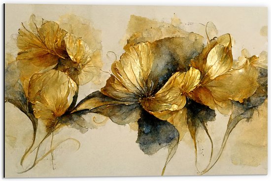 Dibond - Elegante Bloemen met Gouden Details - 60x40 cm Foto op Aluminium (Wanddecoratie van metaal)
