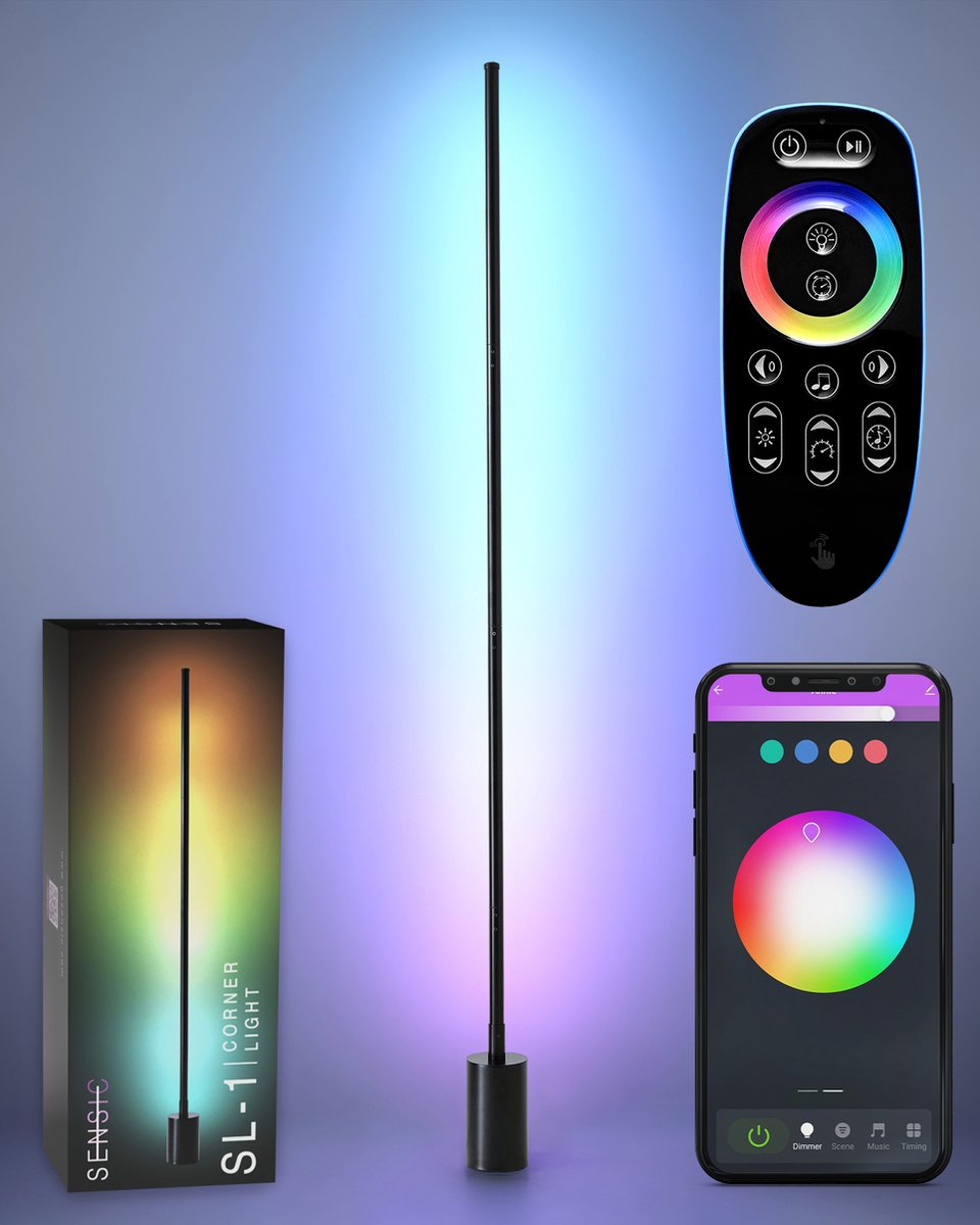 Sensic SL-1 Hoeklamp met Afstandsbediening - RGB & Wit Licht - Smart Vloerlamp - Staande Lamp - App Besturing - Zwart