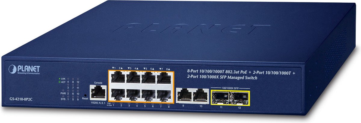 PLANET IPv4/IPv6, 8-Port Managed L2/L4 Gigabit Ethernet (10/100/1000) Power over Ethernet (PoE) 1U Blauw