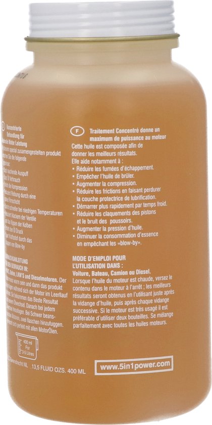 Gouden fles met lichtgele olie. Etiket met productinformatie in het FR en DE, en een website-adres.