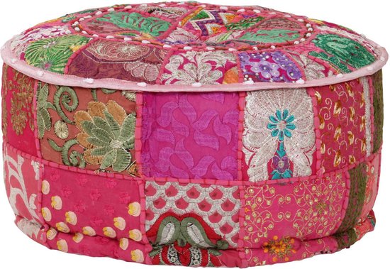 vidaXL - Poef - patchwork - rond - handgemaakt - 40x20 - cm - katoen - roze