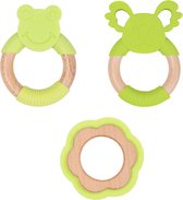 Bo Jungle - Houten speelgoed met silicone voor baby - Bij doorkomende tandjes - Bijtring met diertjes en bloem - Kraamcadeau - Voordeelpakket 5 Set van 3 bijtringen Groen