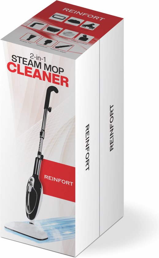 Doos van de Reinfort 2-in-1 stoomreiniger met afbeelding van het product en diverse pictogrammen.