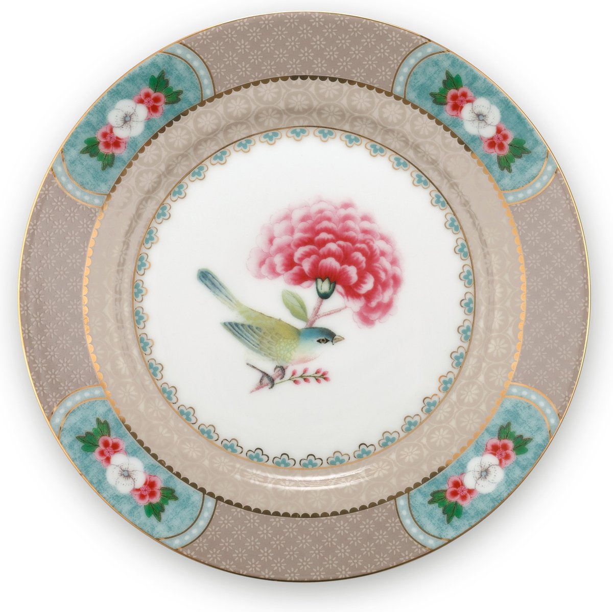 Pip Studio Blushing Birds khaki gebaksbord 17cm beige - bloemen - vogel - porselein