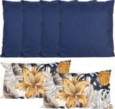 Anna Collection Bank/tuin kussens set - binnen/buiten - 6x stuks - blauw/tropical summer - In 2 formaten laag/hoog