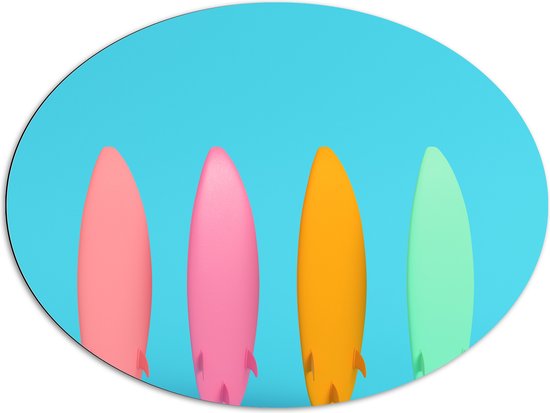 Dibond Ovaal - Koraal, Roze, Gele en Groene Surfplanken tegen Blauwe Achtergrond - 96x72 cm Foto op Ovaal (Met Ophangsysteem)