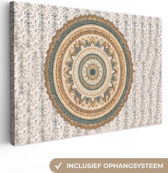 Canvas schilderij 120x80 cm - Wanddecoratie Bloemen - Mandala - Vintage - Bruin - Hippie - Muurdecoratie woonkamer - Slaapkamer decoratie - Kamer accessoires - Schilderijen op canvas