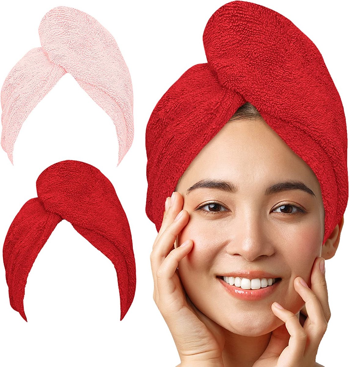 Haartulband – 100% katoen – premium kwaliteit haarhanddoek met knoop en elastisch – sneldrogende hoofdhanddoek tulband – super absorberend haarhanddoek tulband zonder microvezel (2 stuks roze + rood)