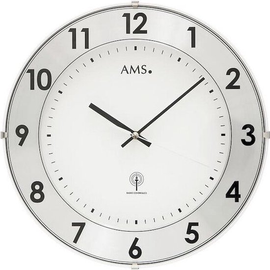 AMS F5948 - Wandklok - Analoog - Radiogestuurde tijdsaanduiding - Kunststof - Aluminium - Mineraal Glas - Zilverkleurig - Wit - Zwart