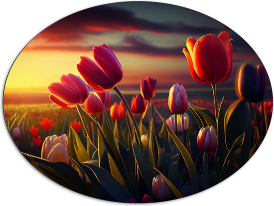 Dibond Ovaal - Kleurrijke Tulpen in Bloemenveld - 108x81 cm Foto op Ovaal (Met Ophangsysteem)