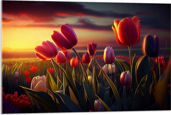 Acrylglas - Kleurrijke Tulpen in Bloemenveld - 90x60 cm Foto op Acrylglas (Met Ophangsysteem)