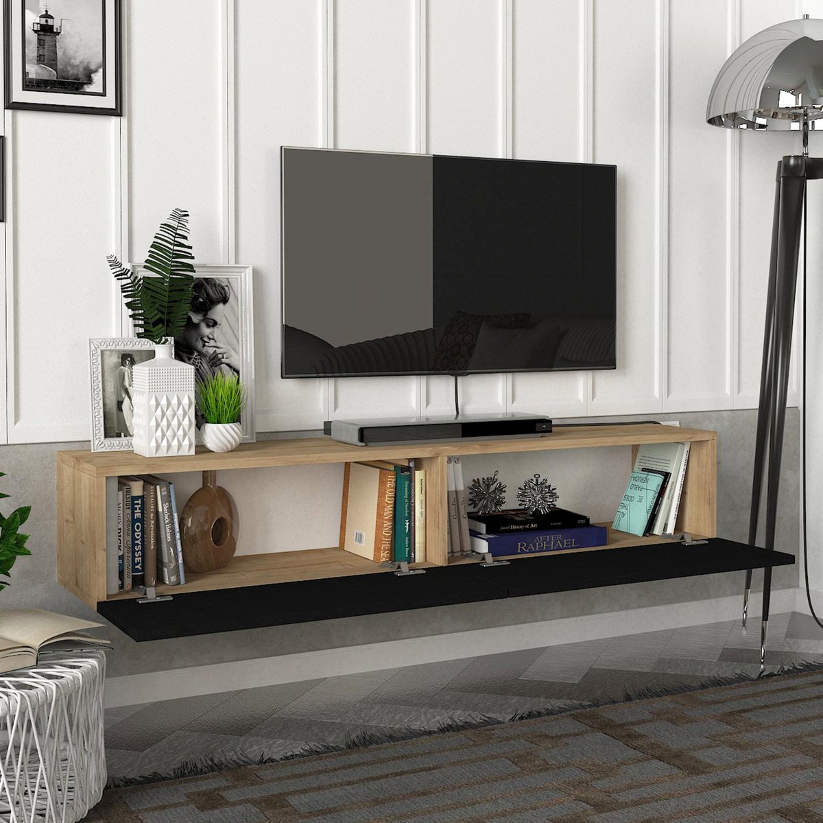 en.casa Tv-meubel Toivakka zwevend 135x31x25 cm eiken en zwart