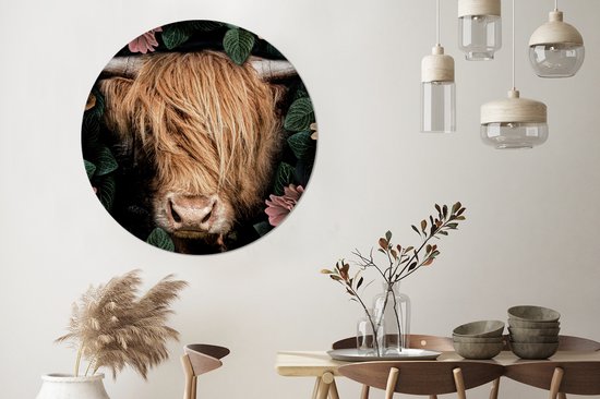 WallCircle - Cercle mural - Cercle mural d'intérieur - Highlander écossais - Fleurs - Vache - 140x140 cm - Décoration murale - Peintures ronds