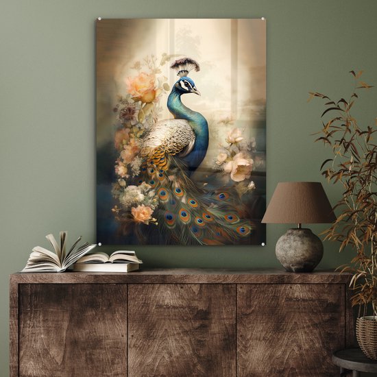 MuchoWow® Peinture sur verre - Paon - Plumes de paon - Fleurs - Vogels - Botanique - 60x80 cm - Peintures sur verre acrylique - Photo sur Glas